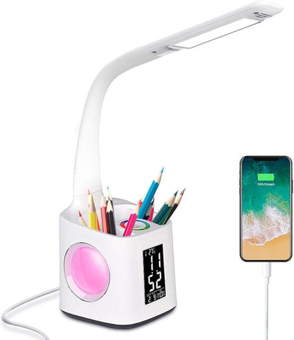 Donewin LED Desk Lamp with USB Charging Port&Pen Holder, Study Light with Clock, Kawaii Desk Accessories, Study Lamp for Kids/Girls/Boys,Desk Light for Office/Reading, Colorful Night Light,10W