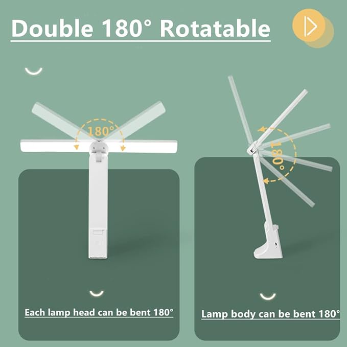 LED Double Head Desk Lamp with Large Lighting Range for Home Office,Portable Small Battery Operated Rechargeable Light for Kids,Reading,Studying,Dormitory,White