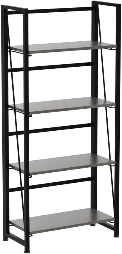 4NM No-Assembly Folding Bookshelf Storage Shelves 4 Tiers Vintage Bookcase Standing Racks Study Organizer Home Office (Gray and Black)