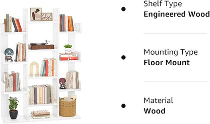 Aheaplus Bookshelf, Tree-Shaped Bookcase Storage Shelf with 13 compartments, Books Organizer Display Cube Shelves, Industrial Free Floor Standing Wood Open Bookshelves for Home, White
