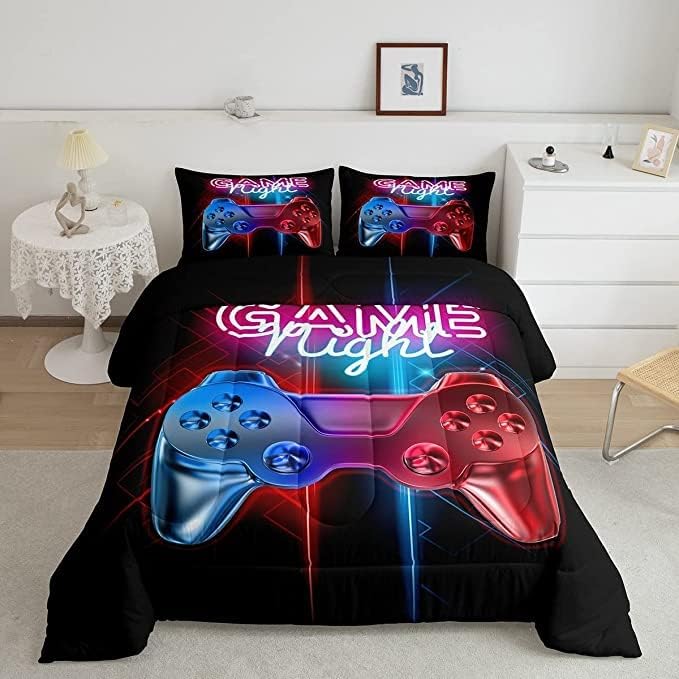 Feelyou Boys Gaming Comforter Set King Size Teens Gamer Bedding Set Modern Blue Red Video Game Controller Comforter for Kids Decor Multi-Color Gamer Console Action Buttons Duvet Set Boys