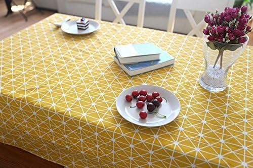 meioro Yellow Boho Table Cloth Rectangle Cotton Linen Nordic Twill Tablecloths Wrinkle Free Fabric Checkerboard Stripe Table Cloths Rustic Cover for Kitchen Dining Party Outdoor Picnic(55 x 98 Inch)