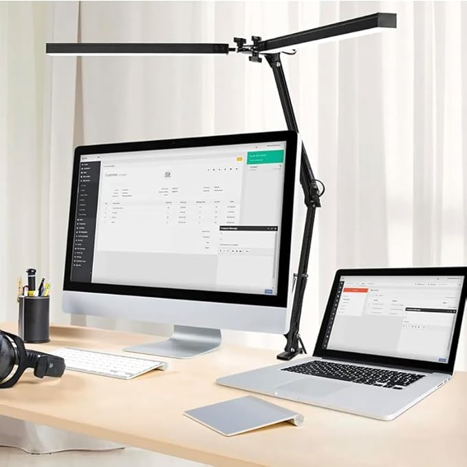 Desk Lamps for Home Office - Double Head LED Desk Lamp with Clamp, 24W, 3 Color Modes, Adjustable Arm, Eye-Caring Light for Study, Drafting, and Crafting, Black