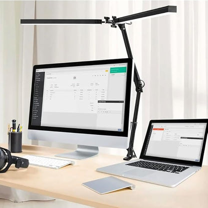 Desk Lamps for Home Office - Double Head LED Desk Lamp with Clamp, 24W, 3 Color Modes, Adjustable Arm, Eye-Caring Light for Study, Drafting, and Crafting, Black