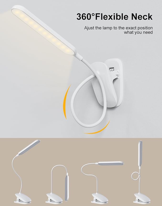 Desk Lamp, Table Lamp 1500mAh Dimmable Reading Lamp with Clamp and Type-C Charging Port, Desk Light for Home Office Reading Working Studying Gooseneck Adjustable Flexible - White