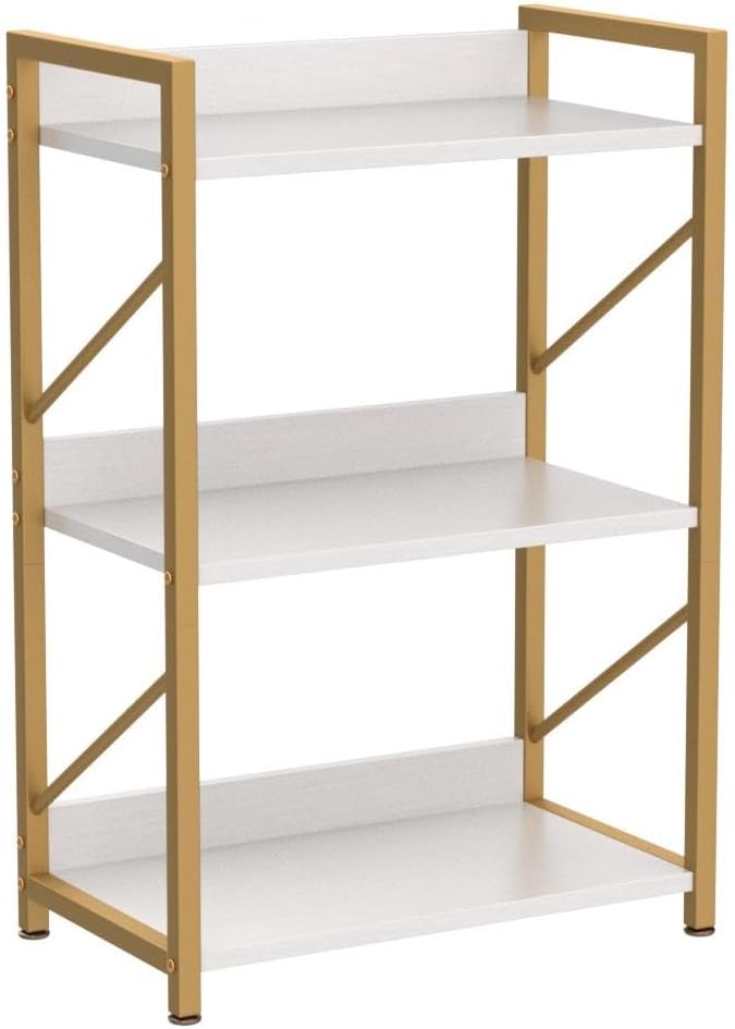 Small Bookshelf for Small Spaces, 3 Tier Bookcase, Narrow Gold Book Shelf, Small Shelf Open Display Rack for Bedroom, Living Room, Home Office,White&Gold
