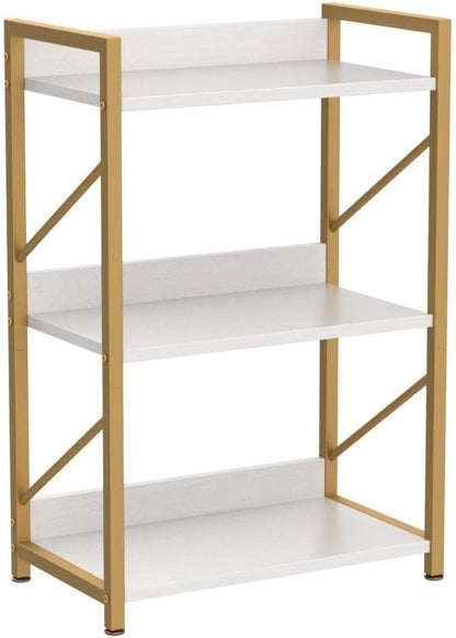 Small Bookshelf for Small Spaces, 3 Tier Bookcase, Narrow Gold Book Shelf, Small Shelf Open Display Rack for Bedroom, Living Room, Home Office,White&Gold