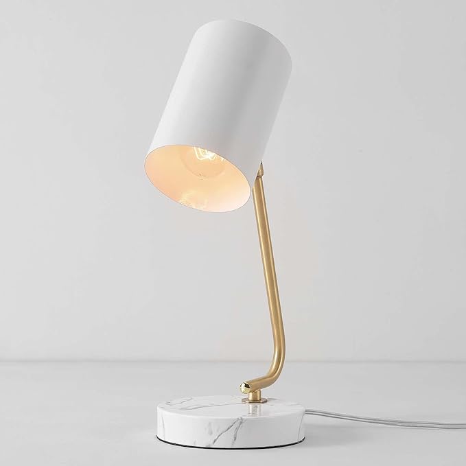 Globe Electric Novogratz x 65784 Athena 15" Desk Lamp, White Shade, Brass Arm, White Faux Marble Base