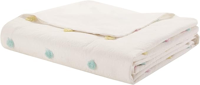 Duvet Cotton Jacquard Weave Colorful Poms Accent, Shabby Chic Cover for Comforter Cozy Bedding Set, Matching Shams, Decorative Pillows, Full Queen, Multi, 5 Piece
