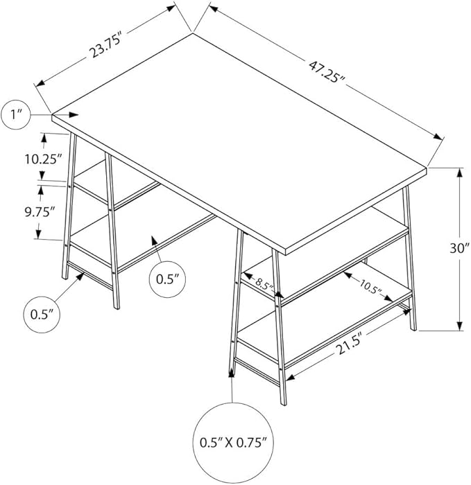 Monarch Specialties 7522 Computer Desk, Home Office, Laptop, Storage Shelves, 48" L, Work, Metal, Laminate, Black, Contemporary, Modern Desk-48, 47.25" L x 23.75" W x 30" H