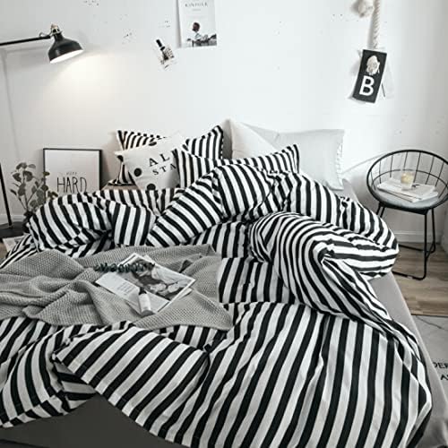 White and Black Stripes Comforter Set Twin Women Bedding Set Soft Durable White Striated Bedding Set Black Stripes Ticking Quilts Hotel Quality Comforter Set Girls White Black Stripes Bed Set