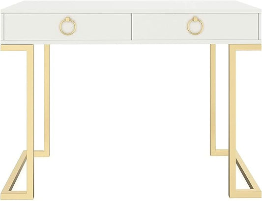 Nathan James Leighton Two-Drawer Writing Glam Accents Brass, Home Office Computer Desk or Vanity Table, 2, White/Gold, Small