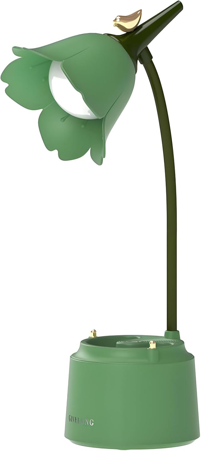 Cute LED Desk Lamp Kawaii Desk Accessories, Flower Bird Table lamp USB Rechargeable, 3 Color Modes, Stepless Dimming, Touch-Sensitive Switch Kawaii Room Decor Lamp, Eye Caring Reading Lamp (Green)