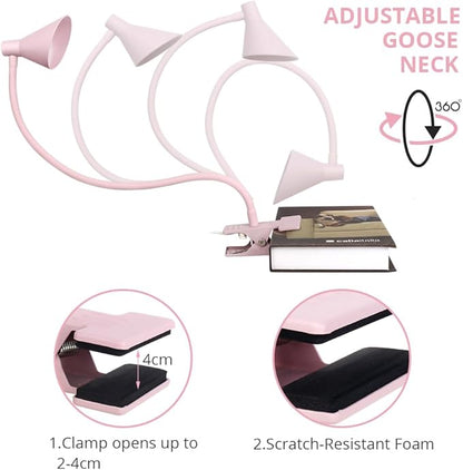 Desk Clip Reading Light, 3 Light Modes 10 Dimmable Brightness, Eye-Caring Bedroom Bedside Lamp, Flexible Neck Clamp Lamp（Pink）