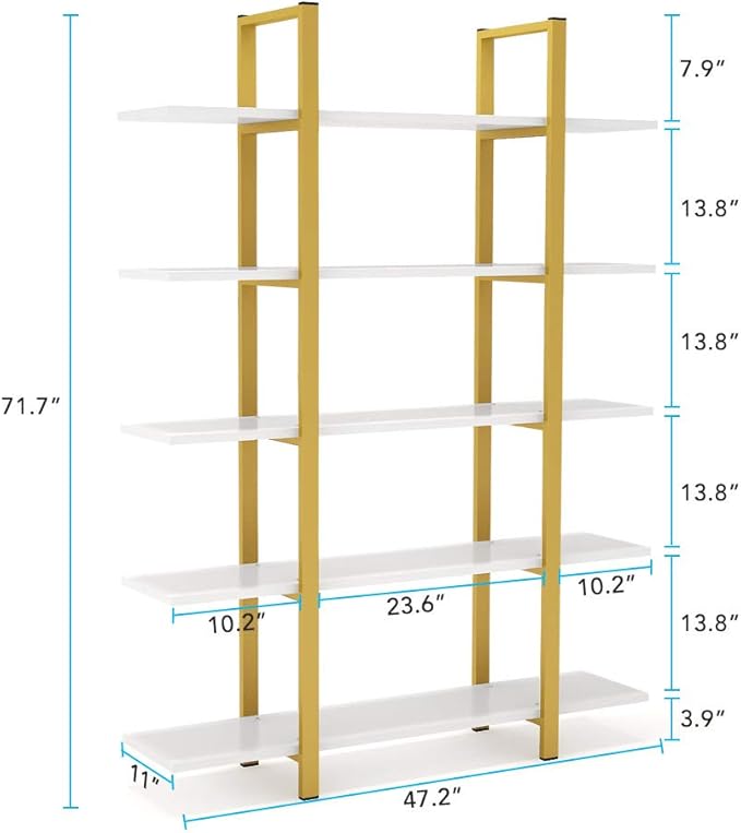 Tribesigns 5-Tier Bookshelf, Vintage Industrial Style Bookcase 70 ‘’ H x 12’’ W x 47’’L, Gold