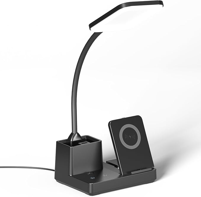 comzler LED Desk Lamp with Wireless Charger, Desk Lamps with Pen Phone Holder, Black Desk Lamp for Home Office,8W 3 Modes Dimmable Touch Lamp, Desktop Study Lamps for College Dorm Room
