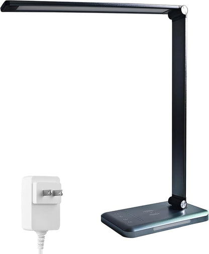 LED Desk Lamp with Wireless Charger, Dimmable Table Lamp Reading Lamp with USB Charging Port, 5 Lighting Modes, Auto-Off Timer, Study Lamp, Eye-Caring Office Lamp with Night Light
