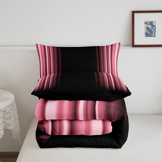 Feelyou Abstract Ombre Comforter Set Kids Teens Pink Black Bedding Set Room Decor 3Pcs Full Size,Reversible Black Boys
