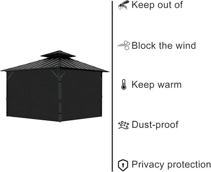 Gazebo Universal Replacement Privacy Curtain, 12'X12' Gazebo Curtains Outdoor Waterproof, 4-Panels Sidewall with Zipper for Patio, Garden and Backyard (Only Curtains, 12'X12', Black)