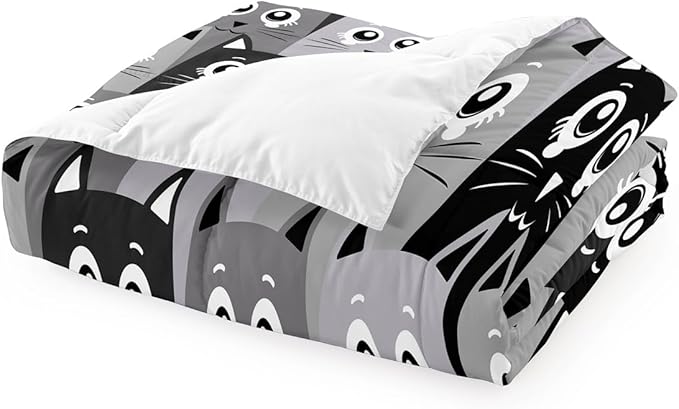 Cat Queen Comforter Set for Bedroom - 3Pcs Grey Cat Comforter Set for Teens Kids Cute Cartoon Cat Bedding Set Ultra Soft Warm Lightweight Kawaii Animal Patterns Comforter with 2 Pillowcases