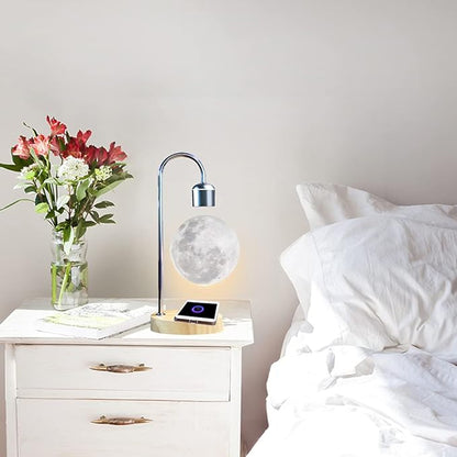 Unique Modern Levitating Moon Lamp with Built-in Qi Wireless Charger, Simplistic and Innovative Design, Warm Decorative LED Light for Home and Office (Silver)