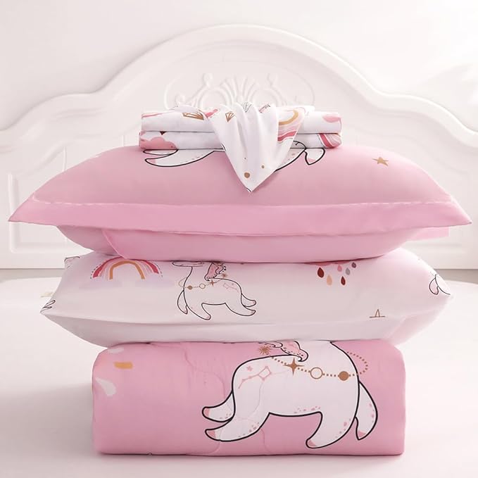 Wajade Kids Pink Unicorn Comforter Set Bed in A Bag Full Size 7 Piece Cute Unicorn Rainbow Clouds Bedding Set for Girls (1 Comforter, 1 Flat Sheet, 1 Fitted Sheet, 2 Pillowcase and 2 Pillow Sham)