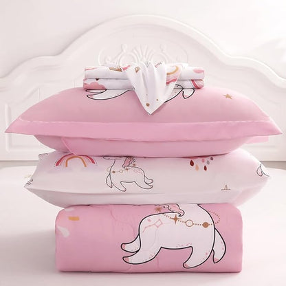 Wajade Kids Pink Unicorn Comforter Set Bed in A Bag Queen Size 7 Piece Cute Unicorn Rainbow Clouds Bedding Set for Girls (1 Comforter, 1 Flat Sheet, 1 Fitted Sheet, 2 Pillowcase and 2 Pillow Sham)