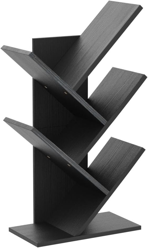 Hoctieon 4 Tier Tree Bookshelf, 4 Shelf Bookcase, Free Standing Tree Bookcase, Display Floor Standing Shelf for Books, Book Organizer Shelves for Home Office, Living Room, Bedroom, Black