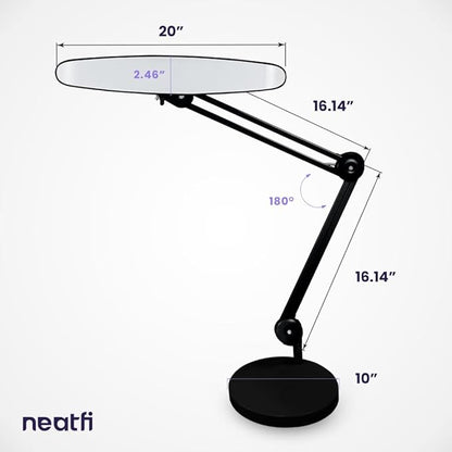 Neatfi XL 2,200 Lumens LED Task Lamp, 24W Super Bright Desk Lamp, 117 Pcs SMD LED, 4 Level Brightness, Dimmable, Task LED Light for Home, Office, Workbench (Non-CCT with Base, Black)
