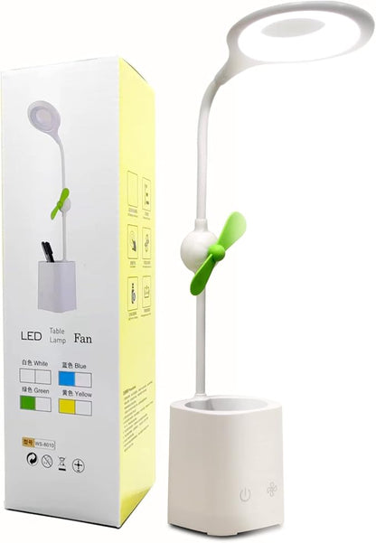 Led Desk Lamps, Small Cute Desk Lamp with 3 Lighting Modes, Modern Desk Ring Night Light with Pen Holder and Green Mini Fan for Home Office Bedroom