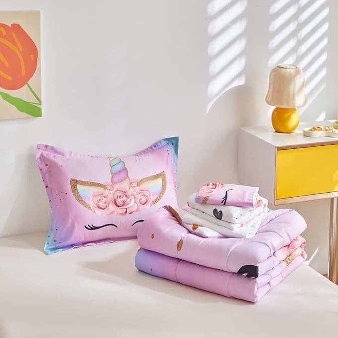 ADASMILE A & S Twin Unicorn Comforter Sets for Girls 6 Pieces Pink Floral Unicorn Bedding Set with Colorful Cute Love Heart Sheets Twin for Girls Unicorn Bed in a Bag Comforter for Home Decor