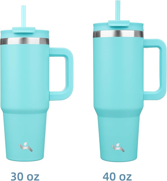 Konokyo 40 oz Insulated Tumbler Water Bottle with Handle, Straw Lid | BPA-free and dishwasher safe; made for gym, travel, coffee and gifting, 2 straws, cup holder friendly,Turquoise