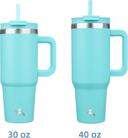 Konokyo 40 oz Insulated Tumbler Water Bottle with Handle, Straw Lid | BPA-free and dishwasher safe; made for gym, travel, coffee and gifting, 2 straws, cup holder friendly,Turquoise