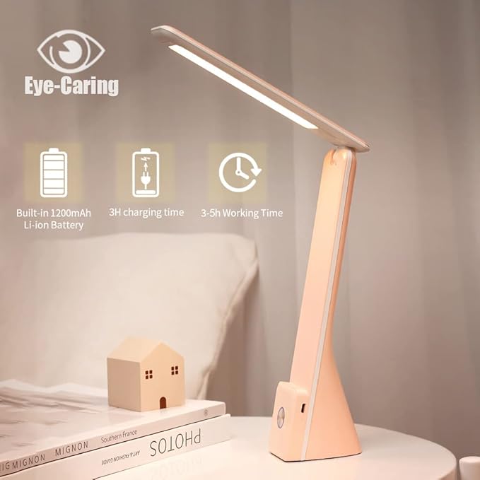 LED Desk Lamp (Pink), Cordless Lamp with 3 Lighting Modes, Rechargeable Reading Lamp with Adjustable Arm, Foldable Eye Caring Table Light for Home Office Study