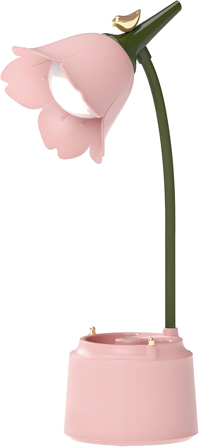 Cute LED Desk Lamp Kawaii Desk Accessories, Flower Bird Table lamp USB Rechargeable, 3 Color Modes, Stepless Dimming, Touch-Sensitive Switch Kawaii Room Decor Lamp, Eye Caring Reading Lamp (Pink)