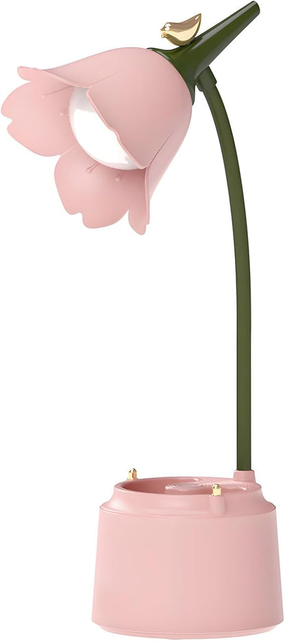 Cute LED Desk Lamp Kawaii Desk Accessories, Flower Bird Table lamp USB Rechargeable, 3 Color Modes, Stepless Dimming, Touch-Sensitive Switch Kawaii Room Decor Lamp, Eye Caring Reading Lamp (Pink)