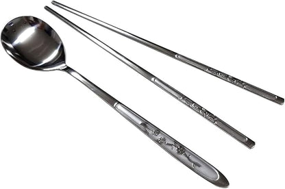 GARASANI Korean Traditional Cutlery Stainless Steel Spoons and Chopsticks Set (Silver Plum blossom)