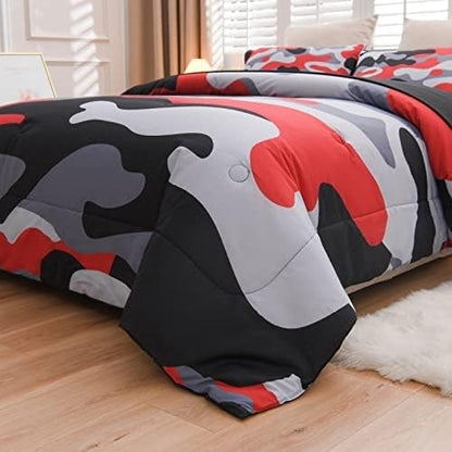 Meeting Story Camouflage Bedding Set, Colorful Pattern Style Comforter Set, 5 PCS One Comforter Two Pillowcases Two Sheets in One Bag, All Season Bedspread for Teens Adults (Red-Black,Queen5pcs