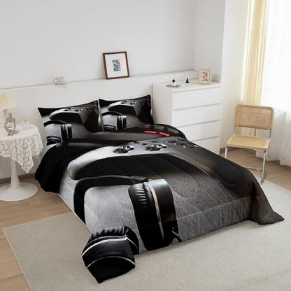 Feelyou Gaming Bedding Set Boys Game Controller Comforter for Kids Girls Teens Modern Gamer Headset Comforter Set Youth Gaming Console Video Game Decor Duvet Set with 1 Pillow Case Twin Size Black
