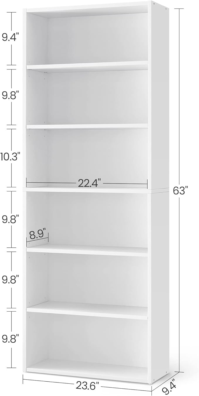 VASAGLE Bookshelf, 23.6 Inches Wide, 6-Tier Open Bookcase with Adjustable Storage Shelves, Floor Standing Unit, Cloud White ULBC166T14