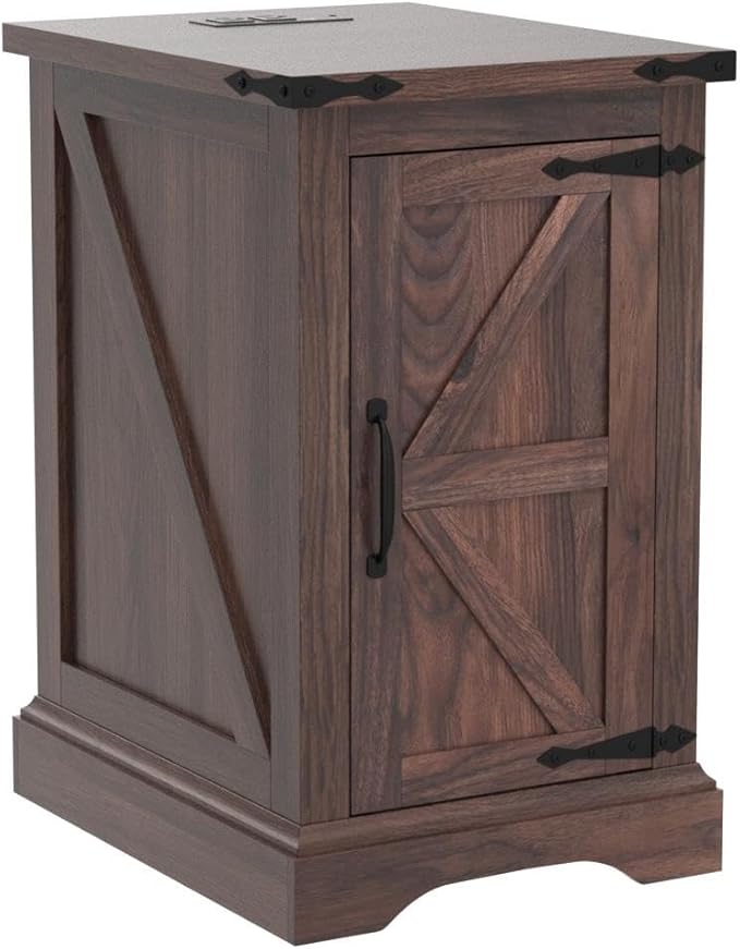 JXQTLINGMU Nightstand with Charging Station, Rectangular Farmhouse End Table with Barn Door and Adjustable Storage Shelf, 17" Deep Wood Rustic Sofa Side Table for Living Room, Bedroom, Brown