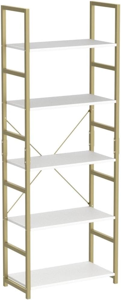 NUMENN 5 Tier Bookshelf, Tall Bookcase Shelf Storage Organizer, Modern Book Shelf for Bedroom, Living Room and Home Office, White/Gold