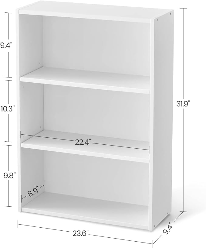 VASAGLE Bookshelf, 23.6 Inches Wide, 3-Tier Open Bookcase with Adjustable Storage Shelves, Floor Standing Unit, Cloud White ULBC163T14