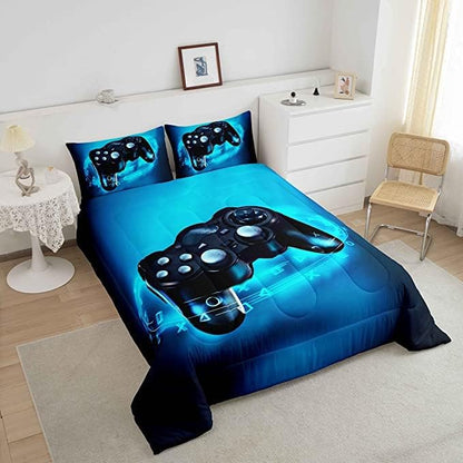 Feelyou Gaming Bedding Set for Boys Gamer Comforter Set for Teens Kids Gamer Room Decor Blue Video Games Comforter Duvet Set King Size Gamepad Quilted All Season 1 Comforter with 2 Pillow Cases