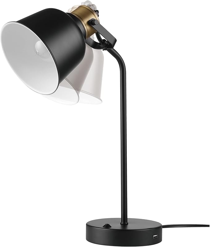 Globe Electric 30297 18" Desk Lamp with 2.1 USB Port, Matte Black, Brass Accents, Push Button On/Off Switch, Home Décor, Desk Lamps for Home Office, Home Office Accessories, Home Improvement