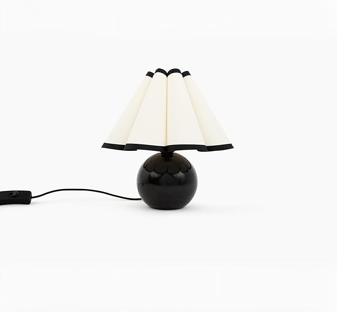 Brightech Blair LED Table Lamp - Small Modern Black Table Lamp with Marble Globe Base, Pleated Shade for Bedroom, Bedside, Side Table - Ambient Night Light with Soft White Light for Desk, Living Room