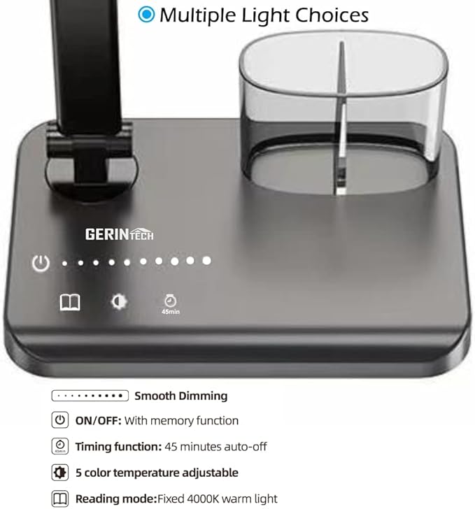 GERINTECH Dual Shade LED Desk Lamp with USB Charging Port & Pen Holder, Bright Table Lamp with Auto Shut-off Timer, 10 Adjustable Brightness, 5 Color Modes (Black)