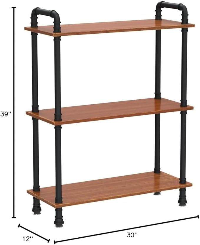 Industrial Bookshelf, Pipe Shelves, Industrial Pipe Shelving, 3 Tier Bookshelf,Pipe Bookshelf,Industrial Pipe Shelf(Rustic Brown, 29.5" L x 11.8" W x 39" H)