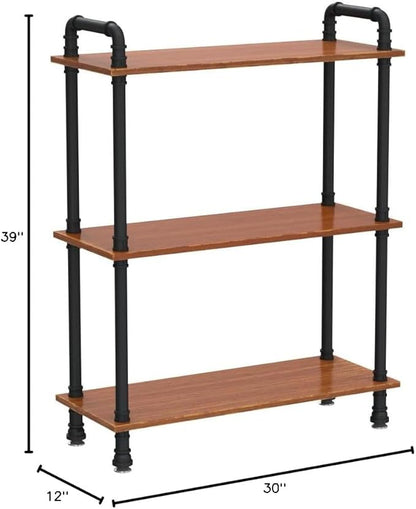 Industrial Bookshelf, Pipe Shelves, Industrial Pipe Shelving, 3 Tier Bookshelf,Pipe Bookshelf,Industrial Pipe Shelf(Rustic Brown, 29.5" L x 11.8" W x 39" H)