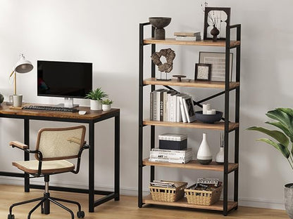 5 Tier Solid Real Wood Bookshelf Rustic Industrial Style, Wooden Storage Shelves Etagere Bookcase Book Shelf Display Shelf for Home Office, Dark Brown